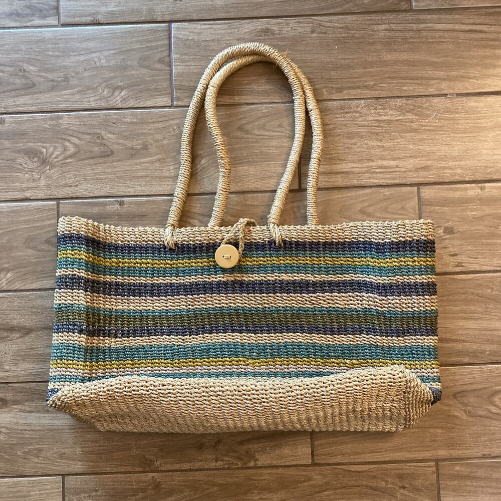 Vintage Rattan Woven Beach Tote Bag Large Summer Striped Raffia Straw Travel